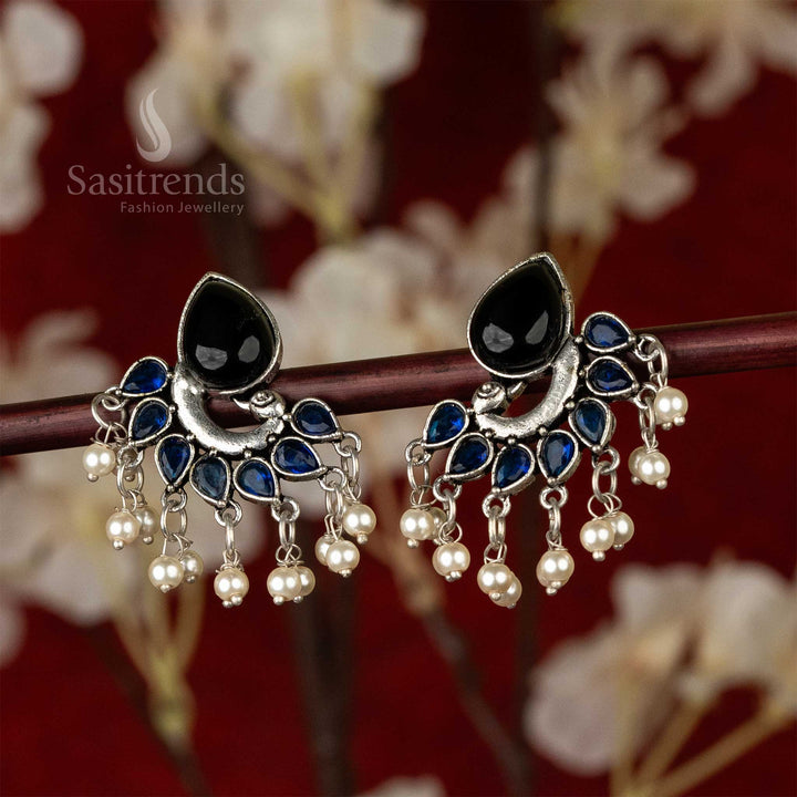 Trendy Oxidised Black Blue Stones Studded Peacock Designer Pearls Hanging Earrings