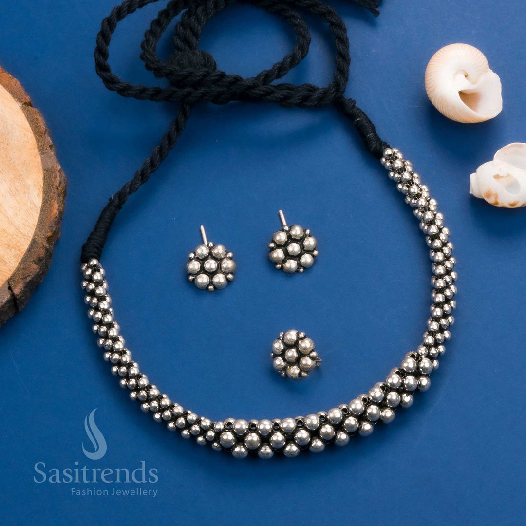 Kolhapuri Oxidized German Silver Necklace Set with Floral Earrings and Ring - Elegant Jewelry for Special Occasions - Sasitrends
