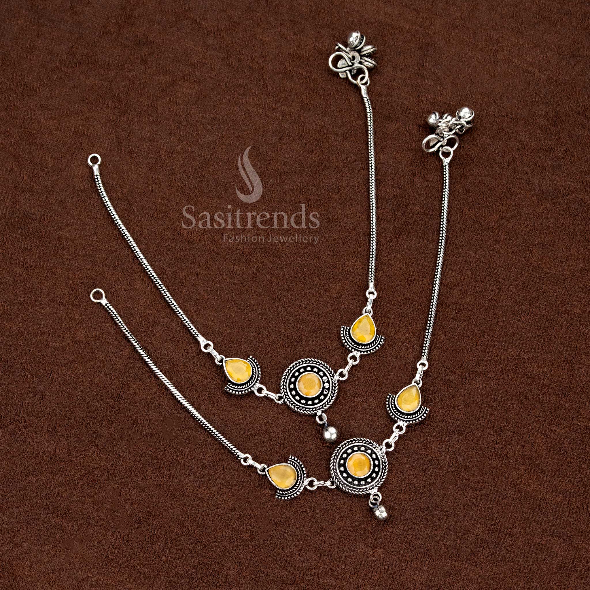 Elegant oxidised circular anklet with yellow teardrop Monalisa stones, perfect for cultural and party wear styling – Sasitrends