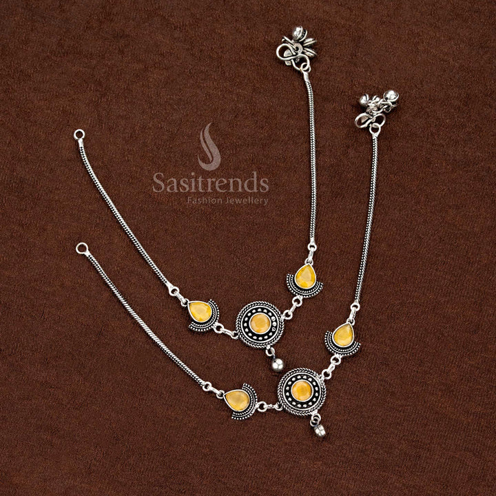 Elegant oxidised circular anklet with yellow teardrop Monalisa stones, perfect for cultural and party wear styling – Sasitrends