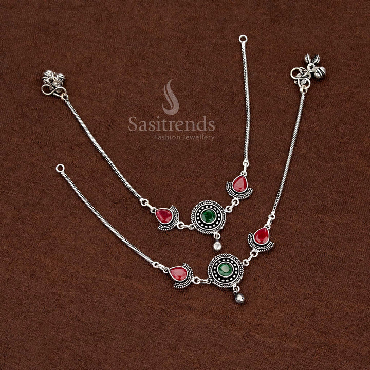 Vibrant oxidised circular anklet with red-green teardrop Monalisa stones, great for cultural gatherings and chic party styling – Sasitrends