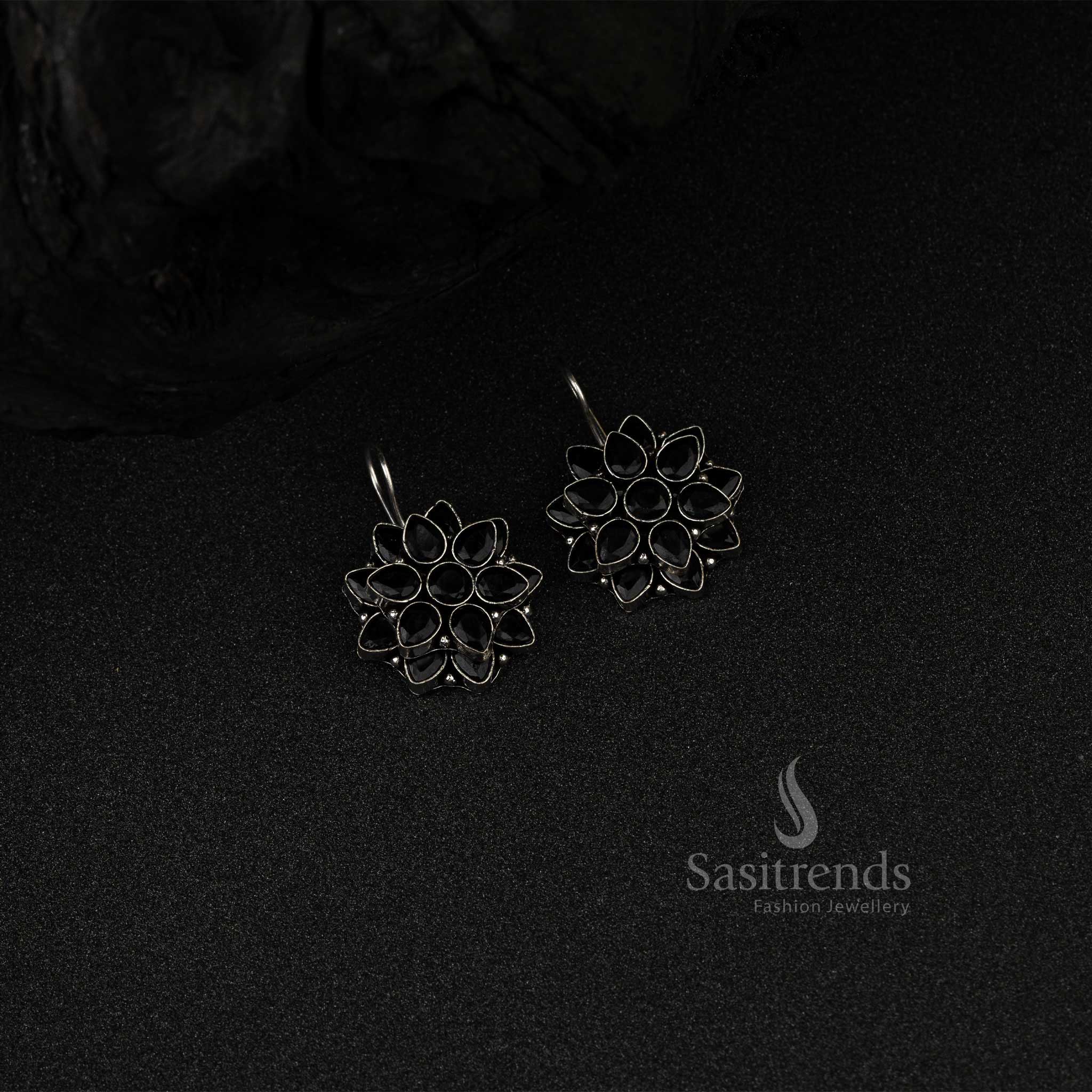 Oxidized German Silver Pearl with Rectangular Monalisa Stone Earrings 