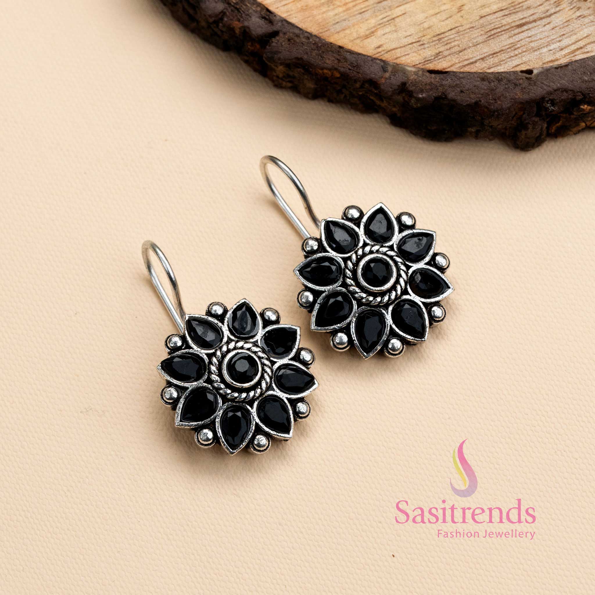 Oxidized German Silver Flower Design Stone Earrings 