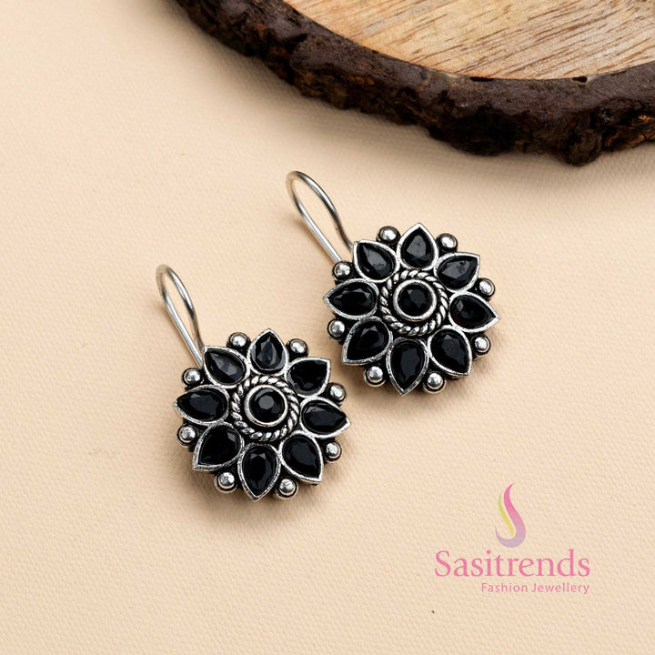 Oxidized German Silver Flower Design Stone Earrings 