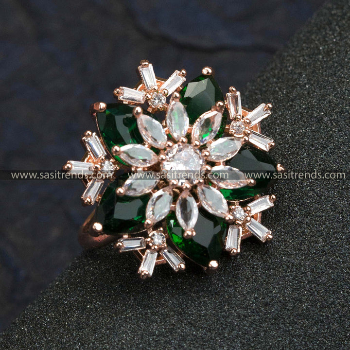 Rose Gold Plated Floral Ring with American Diamond Stones in Stunning Green - Perfect for Trendy Party Wear