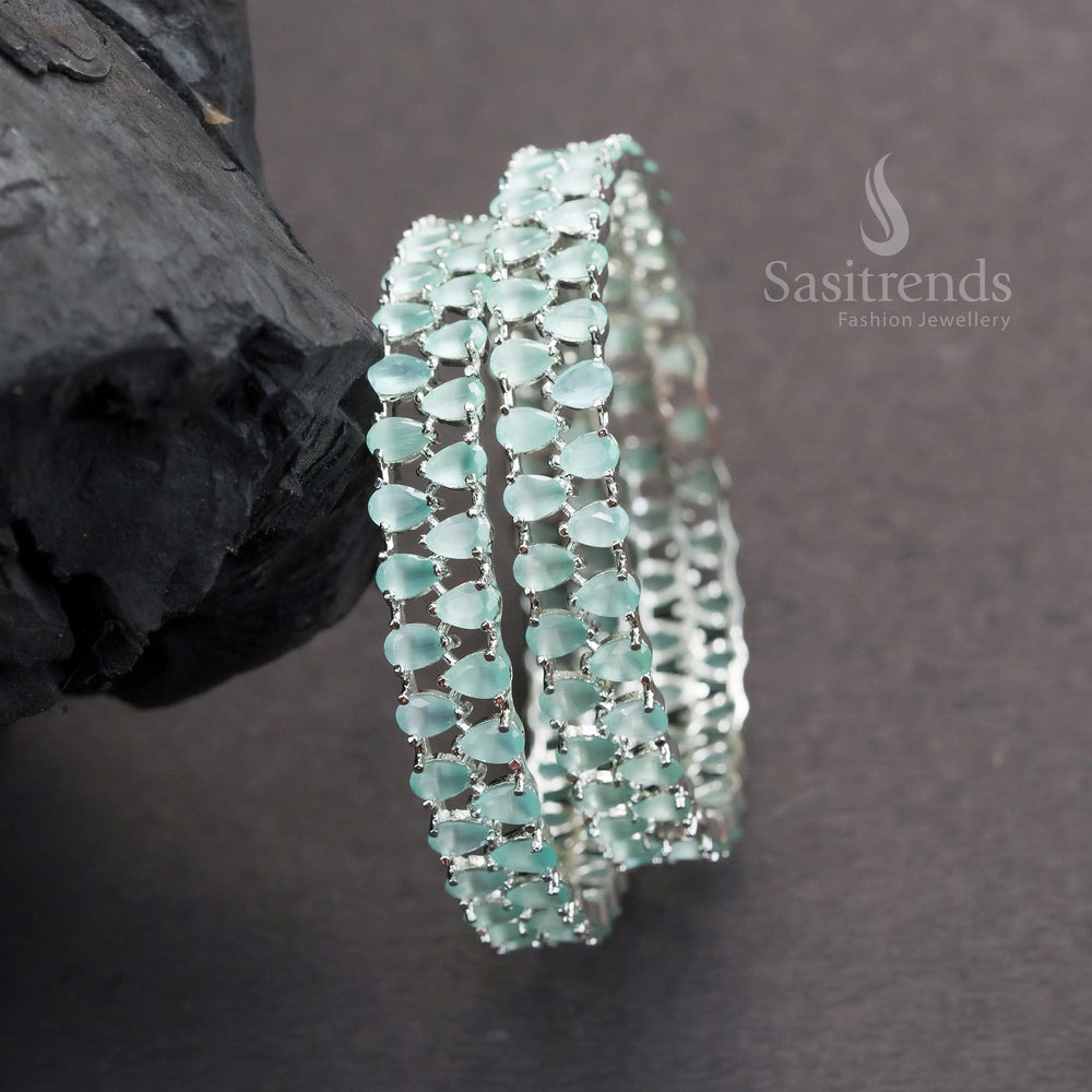 Graceful Rhodium Silver Plated Bangles With Mint American Diamond Tear Drop Stones And Fine Polish Jewellery - Sasitrends