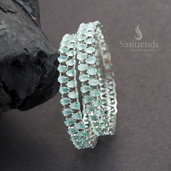 Graceful Rhodium Silver Plated Bangles With Mint American Diamond Tear Drop Stones And Fine Polish Jewellery - Sasitrends