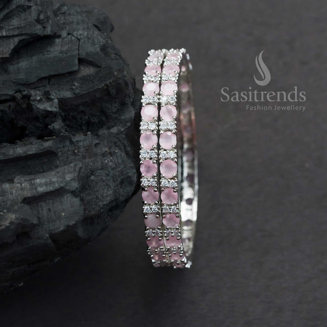 Beautiful Rhodium Silver Plated Bangles With Pink American Diamond Stones Party Wear Design And Shiny Polish Jewellery - Sasitrends