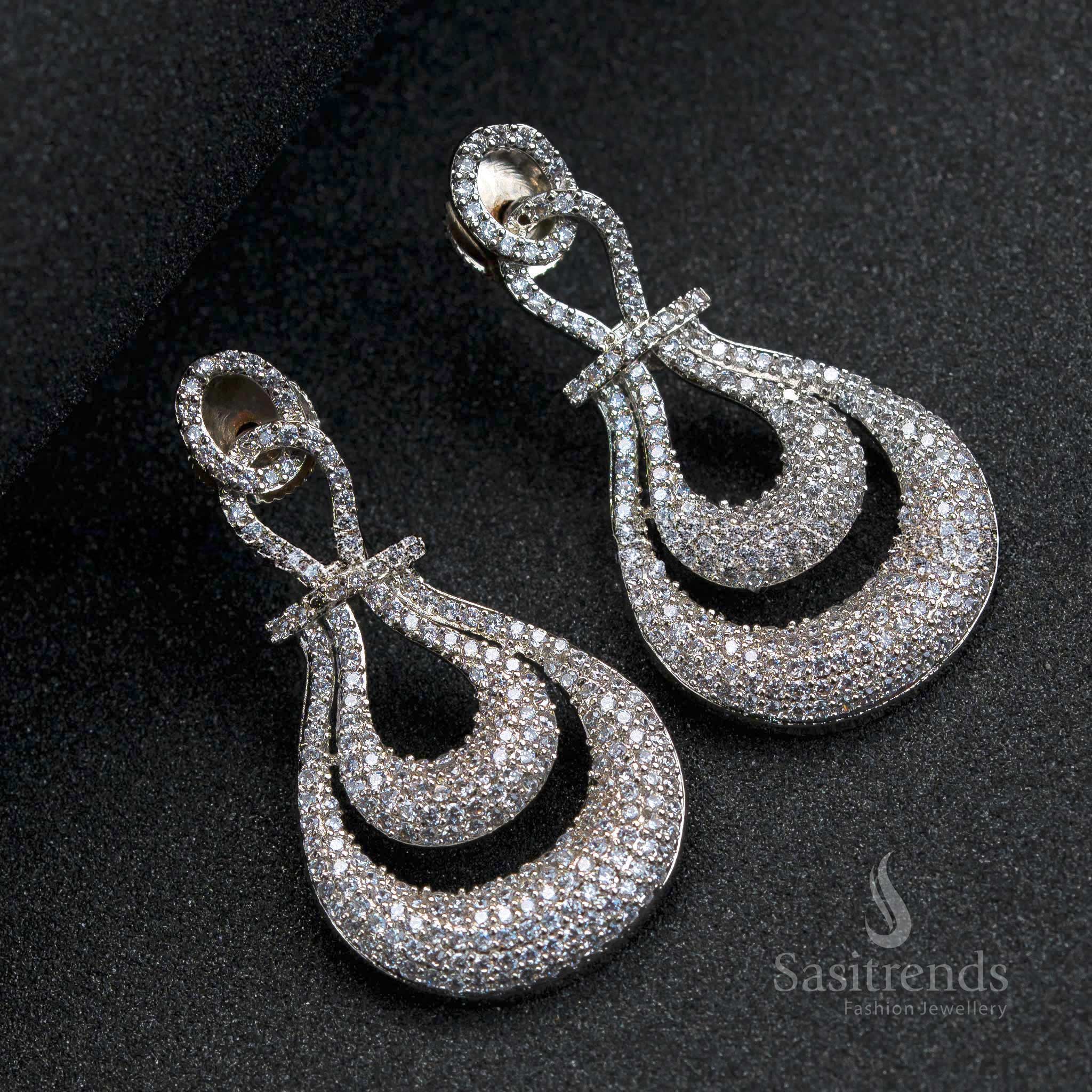 Trendy Party Wear Rhodium Silver Plated American Diamond Earrings - Two-Layered Tear Drop Pattern for Women - Sasitrends