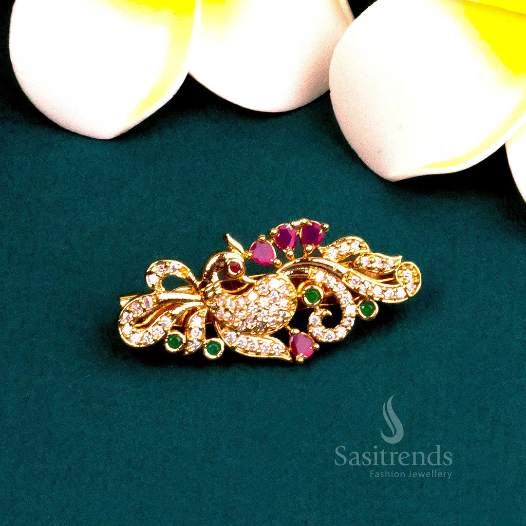 Peacock AD Saree Pin with American Diamond Stones - Micro Gold Plated - Sasitrends