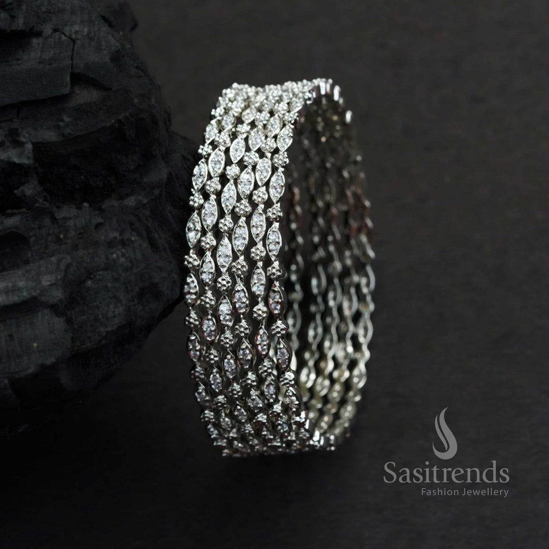Chic Rhodium Silver Plated Set of 6 Bangles with Glittering American Diamonds – Fashionable Jewellery for Evening and Party Wear - Sasitrends