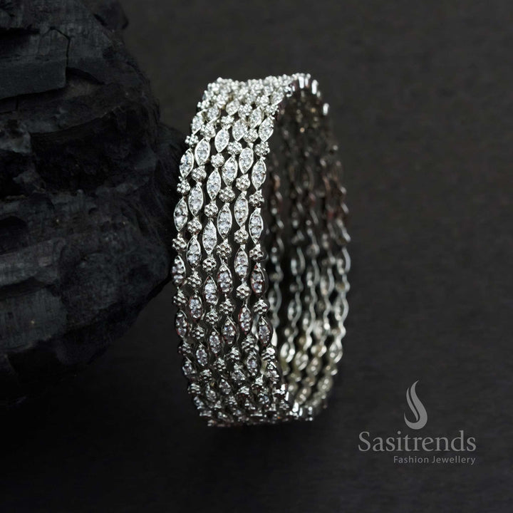 Latest Rhodium Silver Plated Set of 6 Bangles with American Diamond Stones - Party Wear Trendy Jewelry