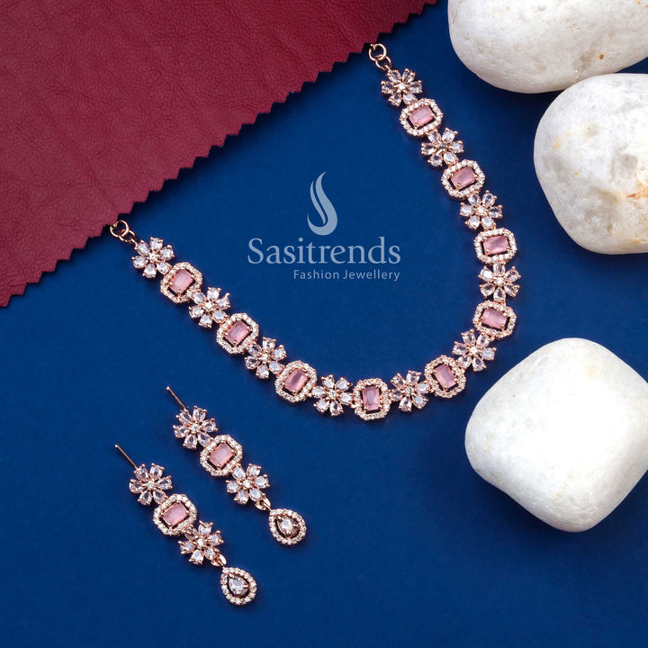Beautiful rose gold plated pink AD bloom necklace set with designer earrings for events and parties – Sasitrends