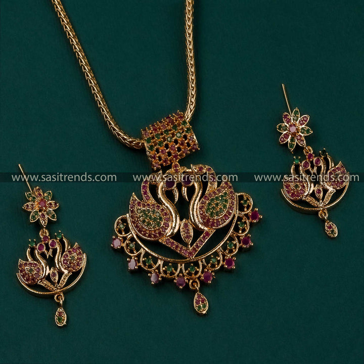  Swan Pendant Gold Plated Necklace with Ruby Green Color American Diamond Stones