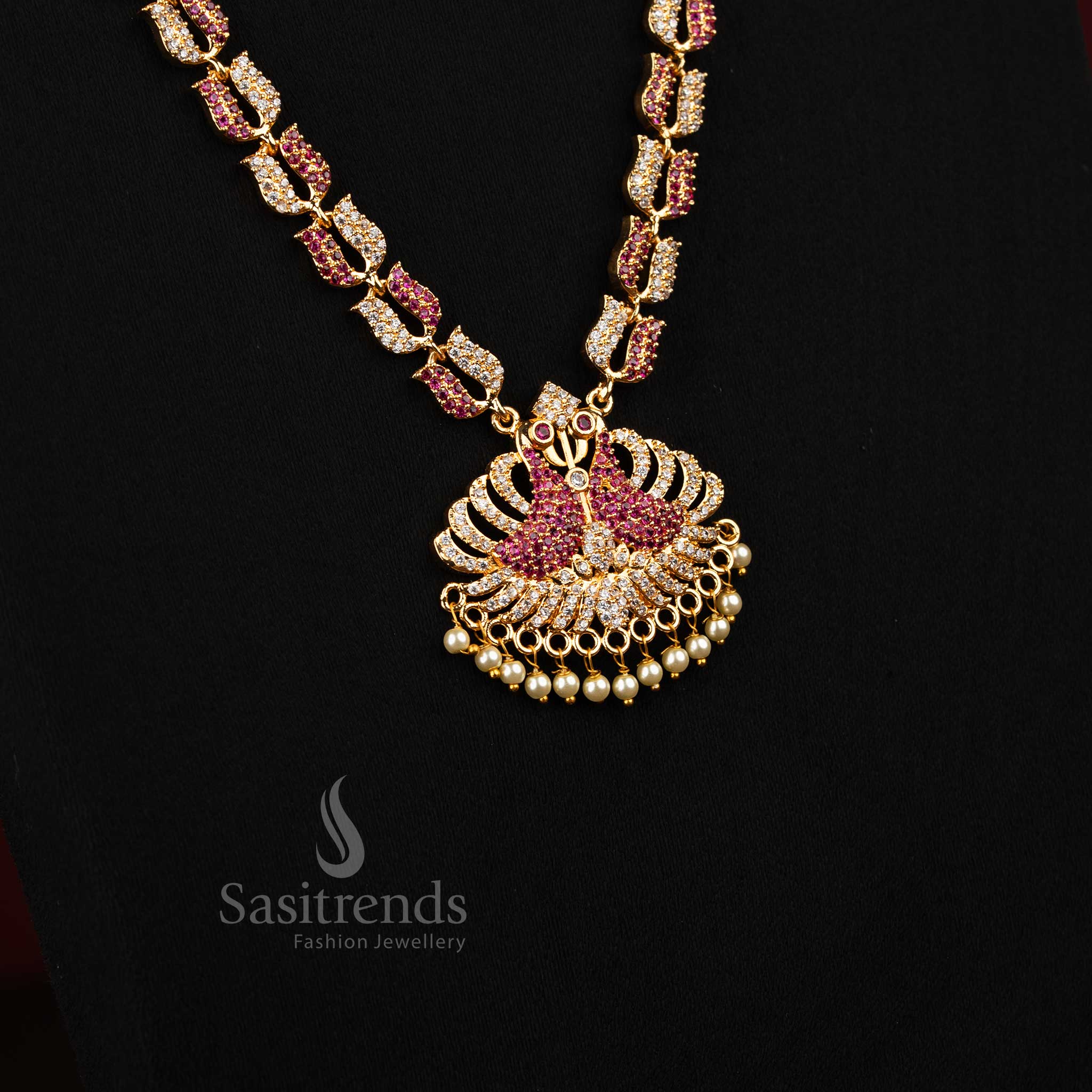 Charming white ruby peacock lotus American diamond combo necklace set, lovely jewellery for traditional functions - Sasitrends