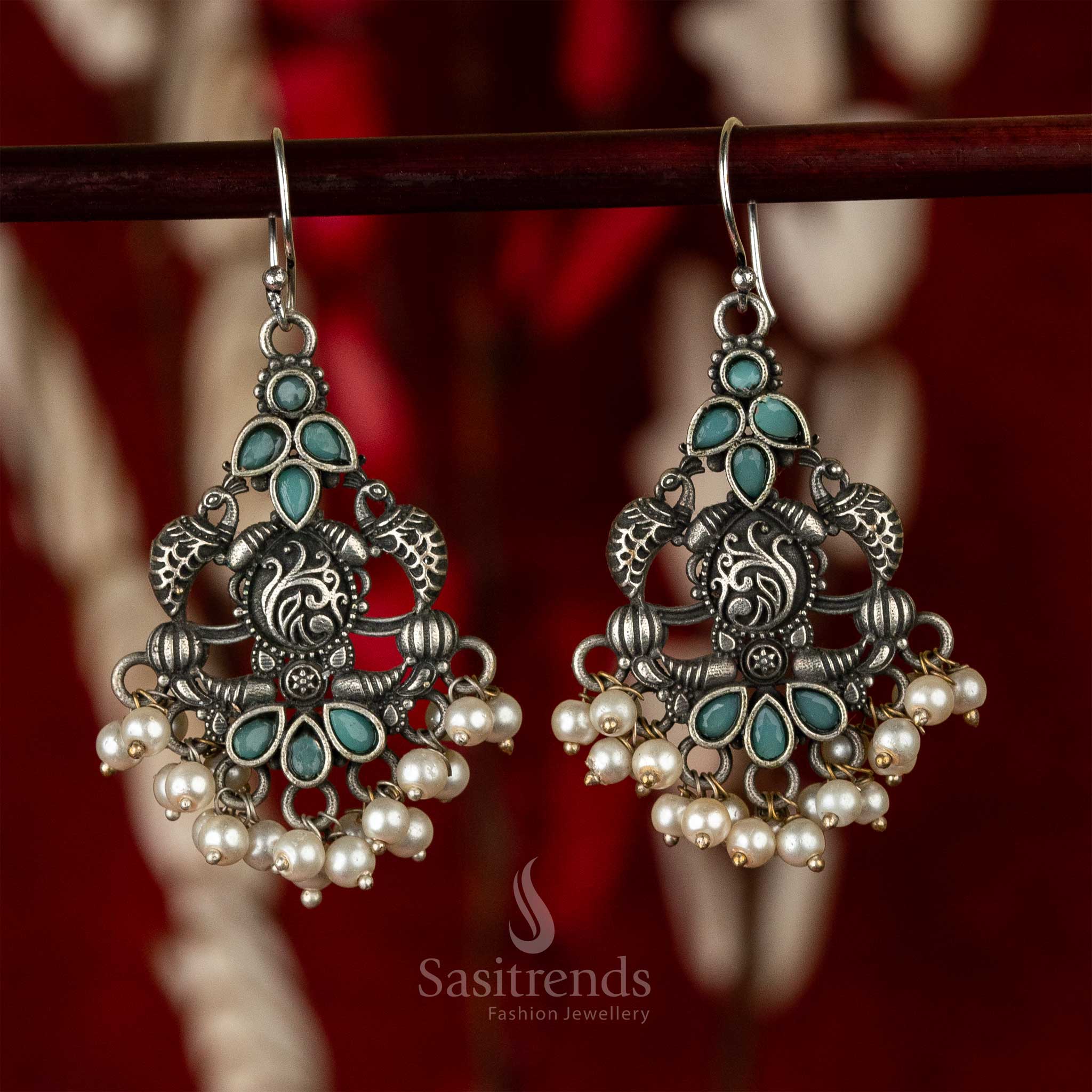 Trendy Traditional Mint Stines Stud Peacock Designer Pearls Earrings Sasitrends