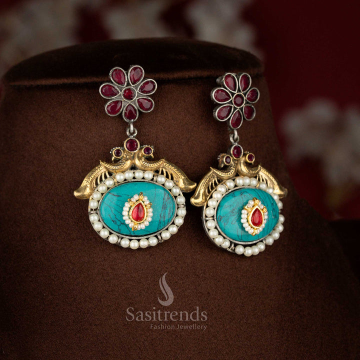Radiant turquoise ruby dual tone antique oxidised 92.5 silver plated floral peacock pendant Earrings – Sasitrends