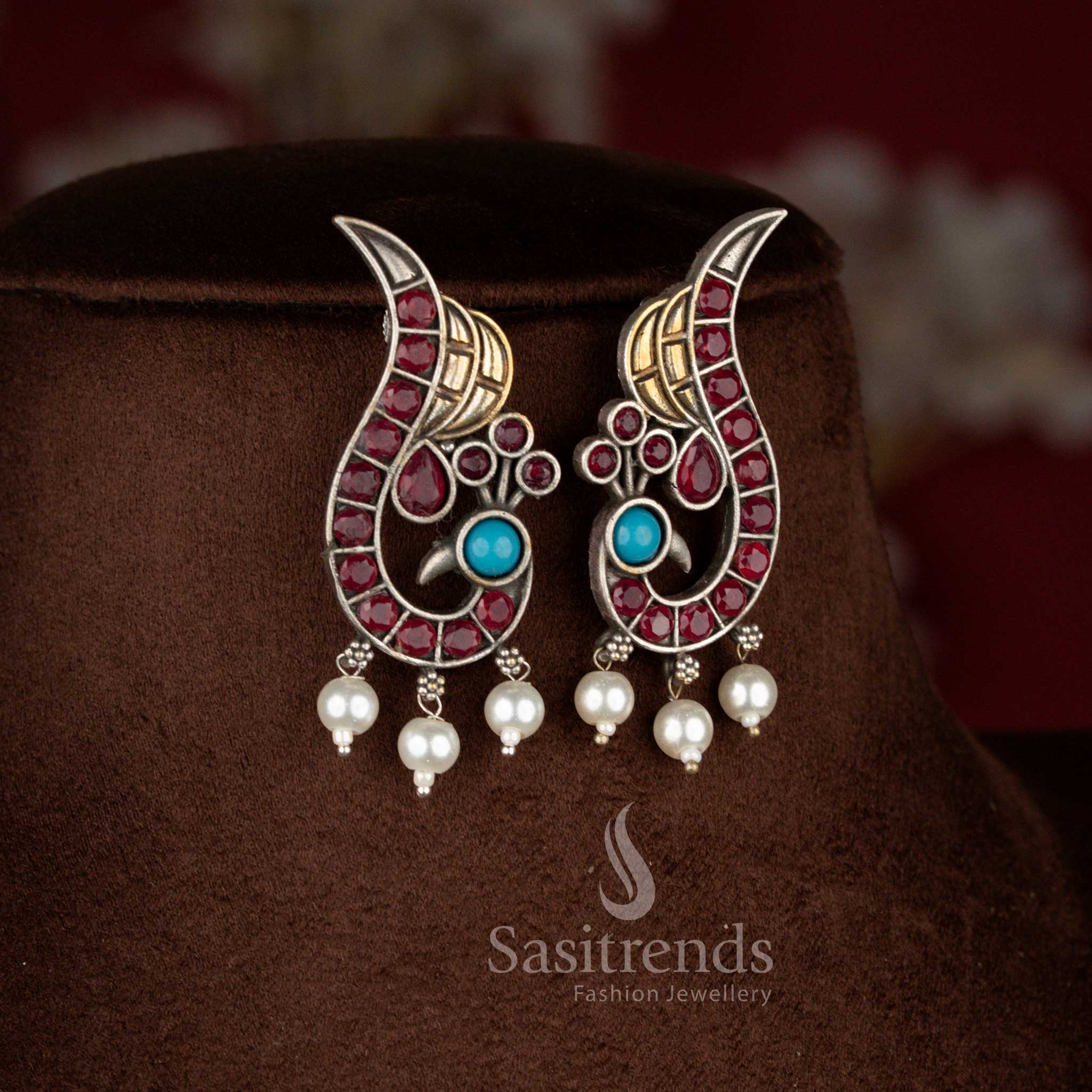 Turquoise ruby dual tone oxidised peacock pearl Earrings set for artistic looks – Sasitrends