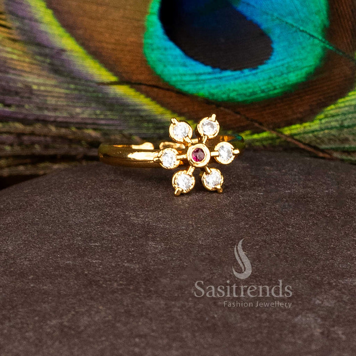 Evening Glow white-ruby micro gold AD round flower ring featuring Panchaloha artistry, ideal for celebratory festive ceremonies and bridal ensembles – Sasitrends