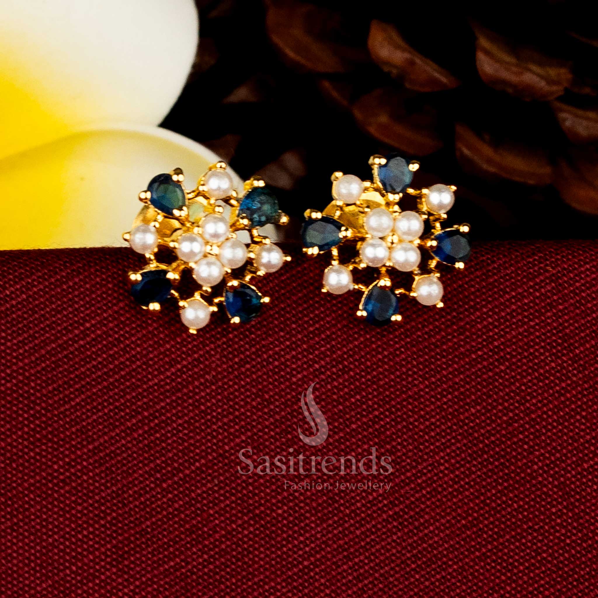 Azure glow pearl blue micro gold plated starburst floral pearl AD stone teardrop stud earrings for elegant celebration styling – Sasitrends