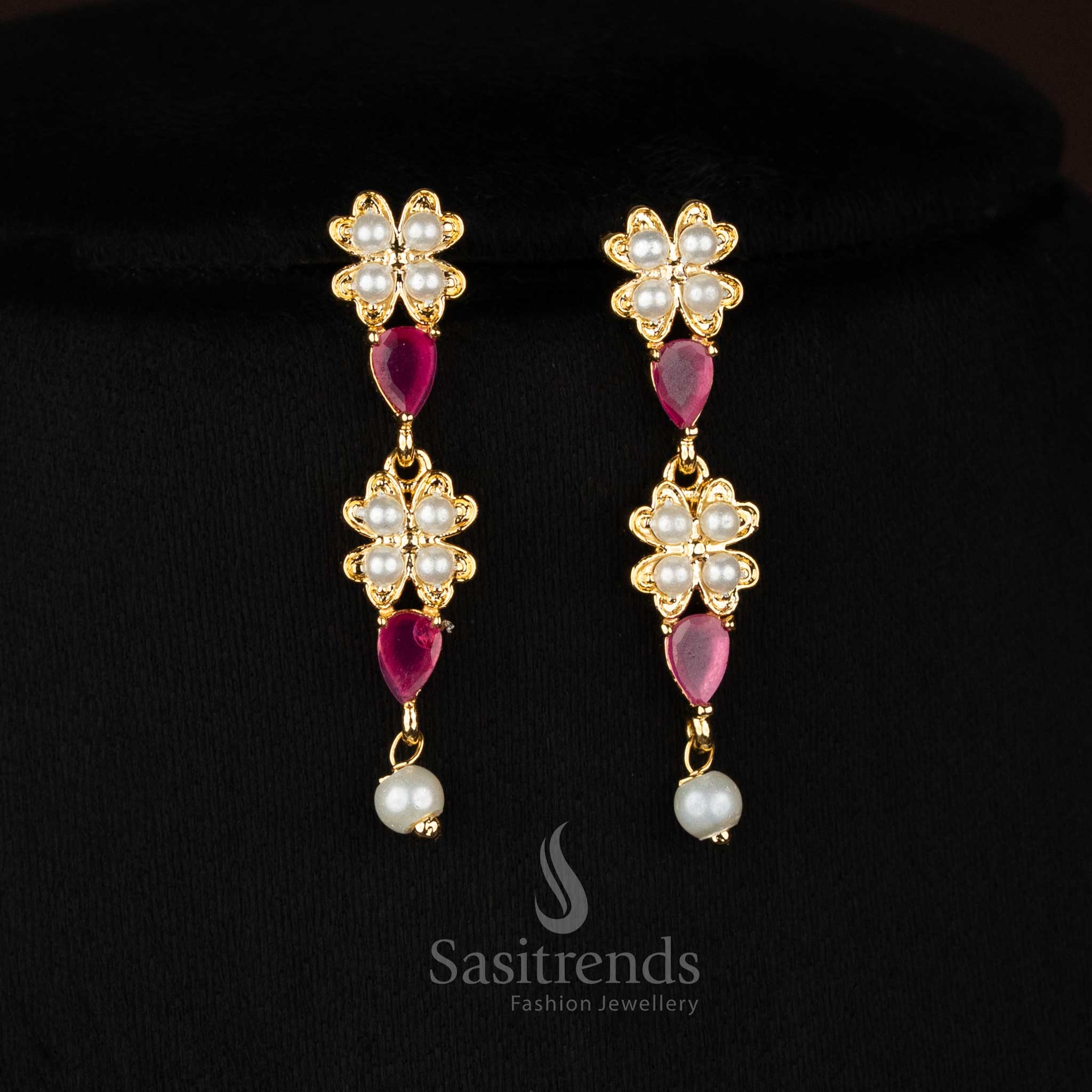 RadianceLeaf micro gold plated pearl ruby 4 fringes teardrop floral American diamond earrings finished with pearl drops for celebration nights - Sasitrends