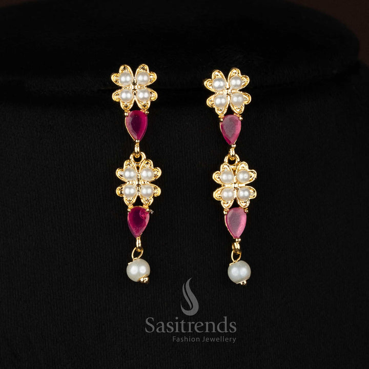 RadianceLeaf micro gold plated pearl ruby 4 fringes teardrop floral American diamond earrings finished with pearl drops for celebration nights - Sasitrends
