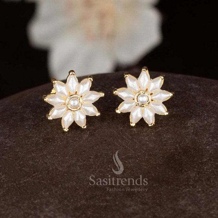 Beautiful Guaranteed Micro Gold Plated Pearl, Pavalam, Navarathnam Daisy Flower Screw Stud Earrings for Festive Wear