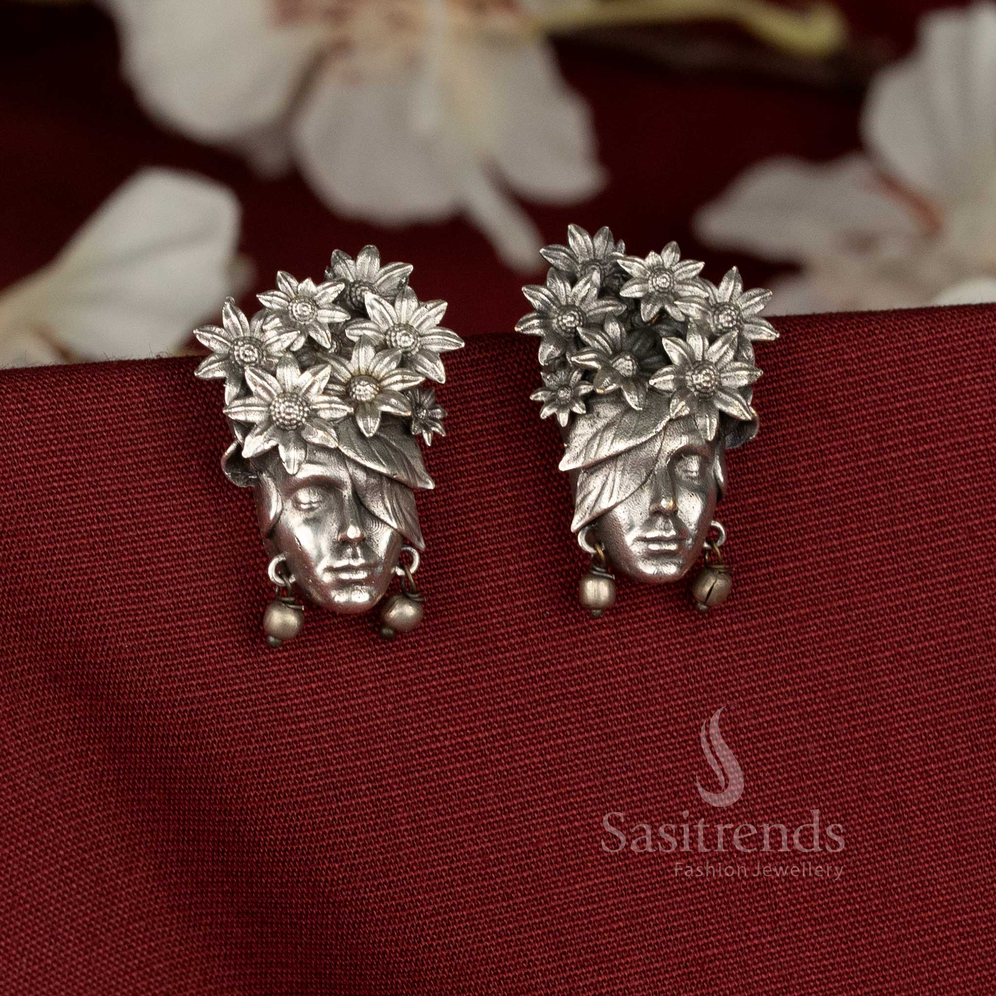 Handcrafted Vanadevi Earrings in Oxidised Silver with Delicate Floral Motifs for Casual Styling – sasitrends