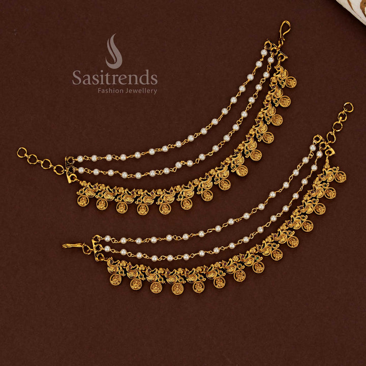 Lakshmi temple matte gold plated American diamond matils set with radiant ruby and emerald hues enhanced by soft pearl layering for auspicious celebrations - Sasitrends