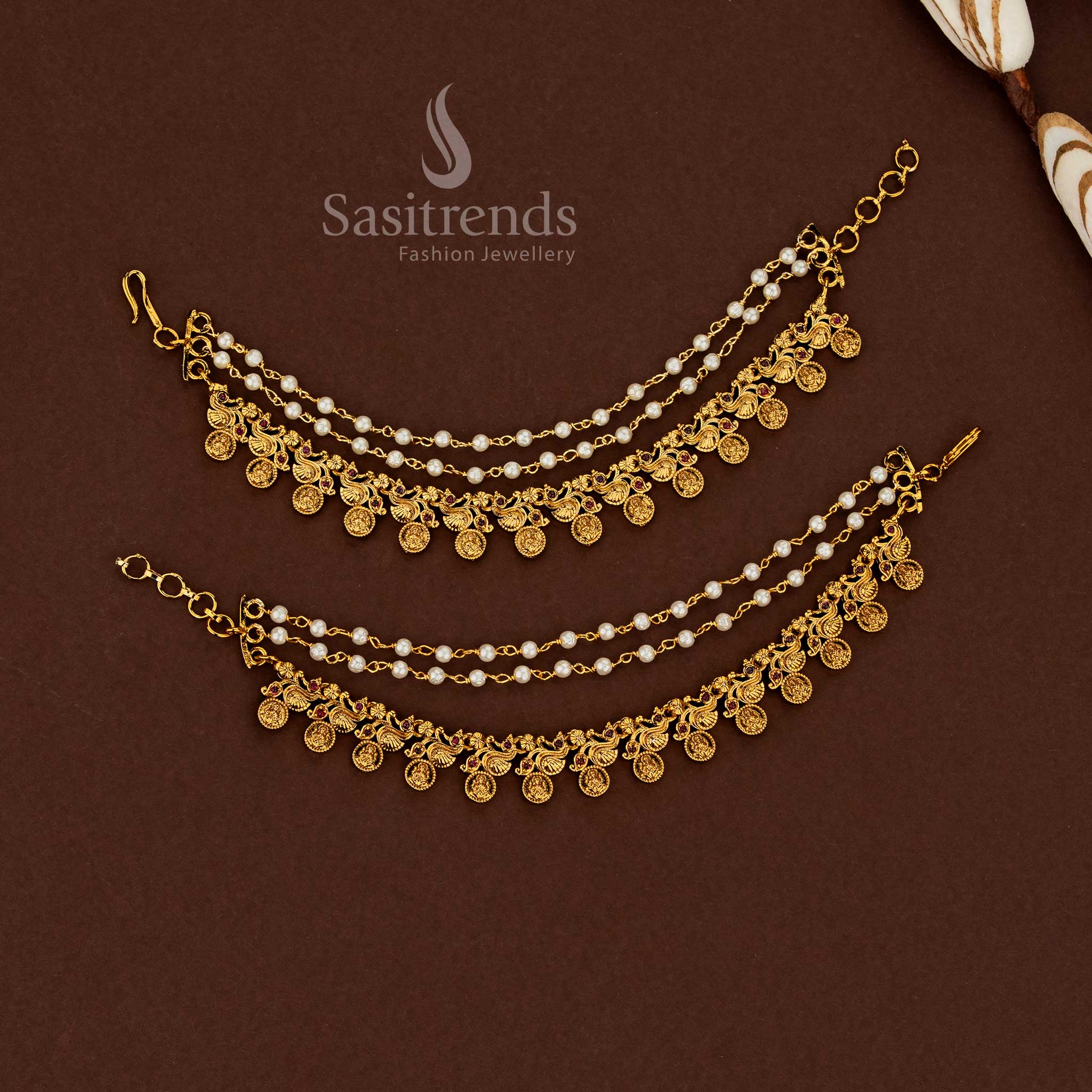 Lakshmi artistry temple matte gold plated American diamond matils illuminated with crimson ruby stones and cascading pearl strands for opulent bridal moments - Sasitrends