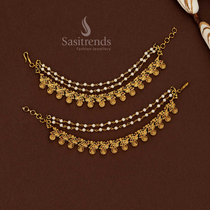 Lakshmi artistry temple matte gold plated American diamond matils illuminated with crimson ruby stones and cascading pearl strands for opulent bridal moments - Sasitrends