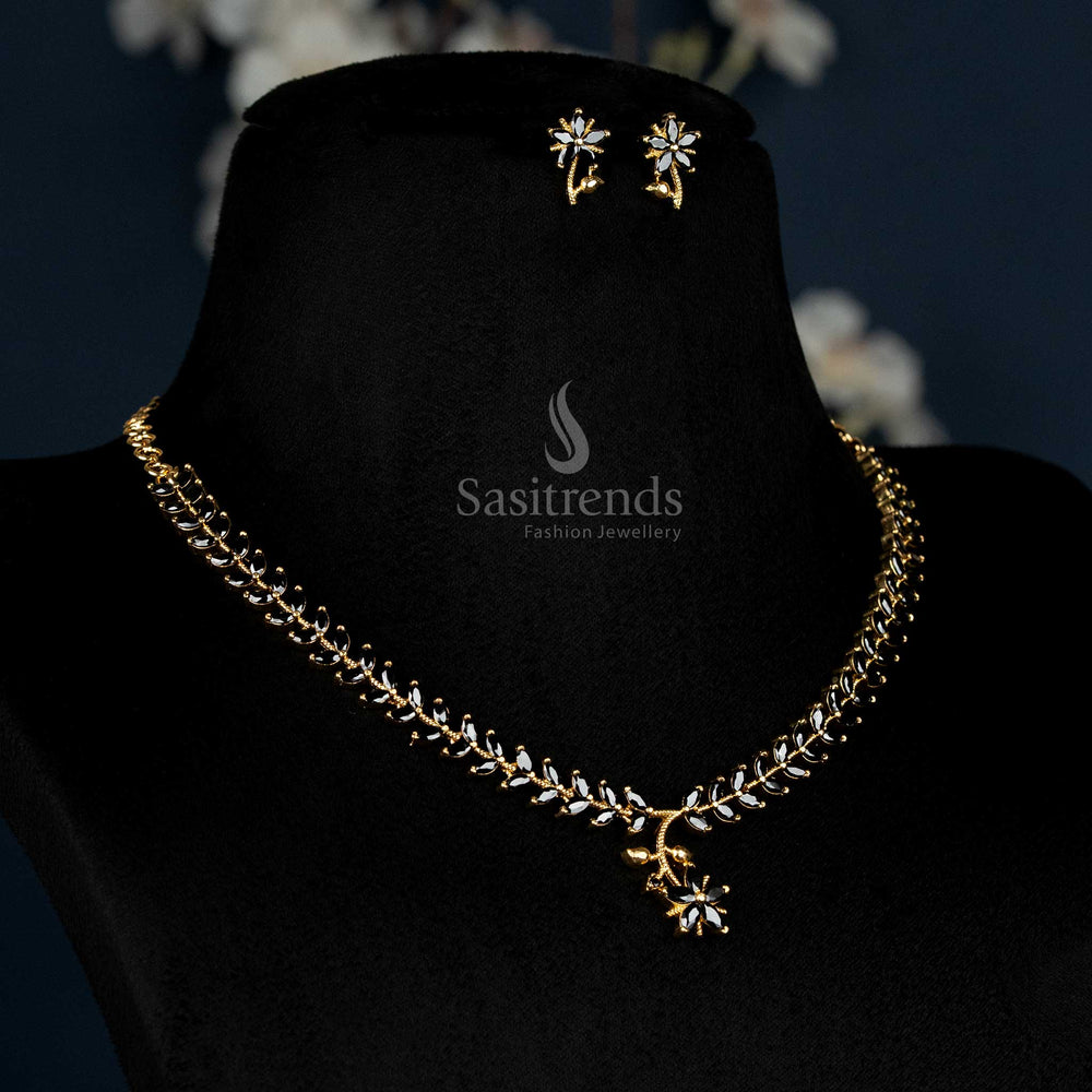 Midnight Glow American Diamond Leaf Design Necklace With Micro Gold Plating In Rich Black Colour, The Perfect Definition Of Elegance For Women – Sasitrends