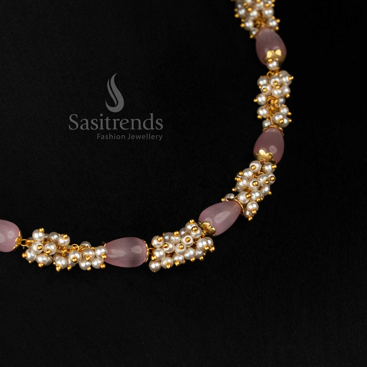 Charming micro gold plated pink beads pearl cluster mala necklace perfect for event wear and elegant ethnic styling-Sasitrends