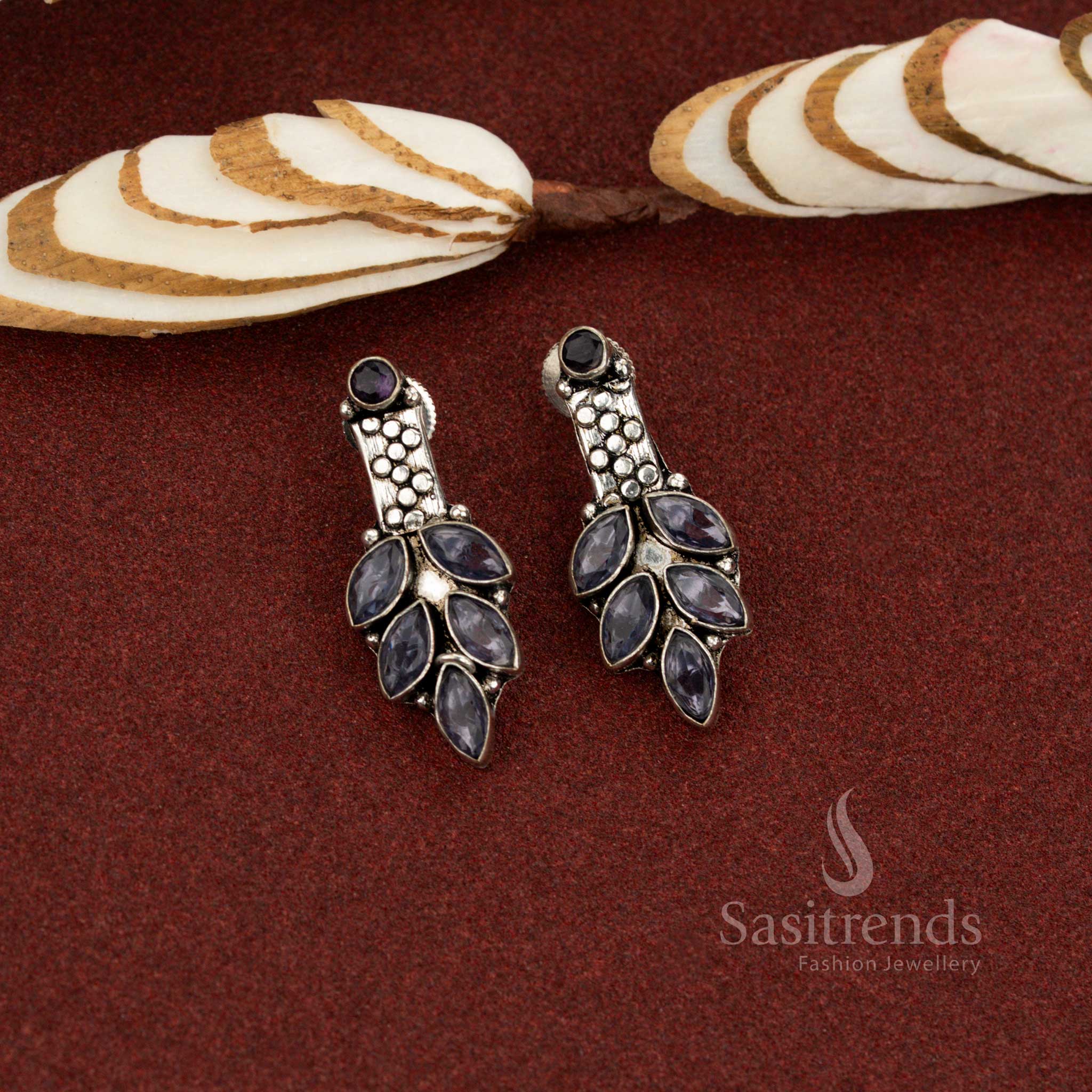 Regal mist oxidised marquise leaf cluster stone earrings purple with artistic elegance ideal for office wear, meetings and refined daily styling – Sasitrends