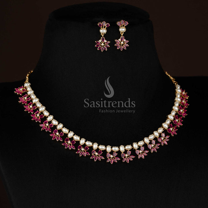 AuroraPetal micro gold plated pearl ruby leaf floral oval cluster necklace set curated for festive soirées and evening parties - Sasitrends