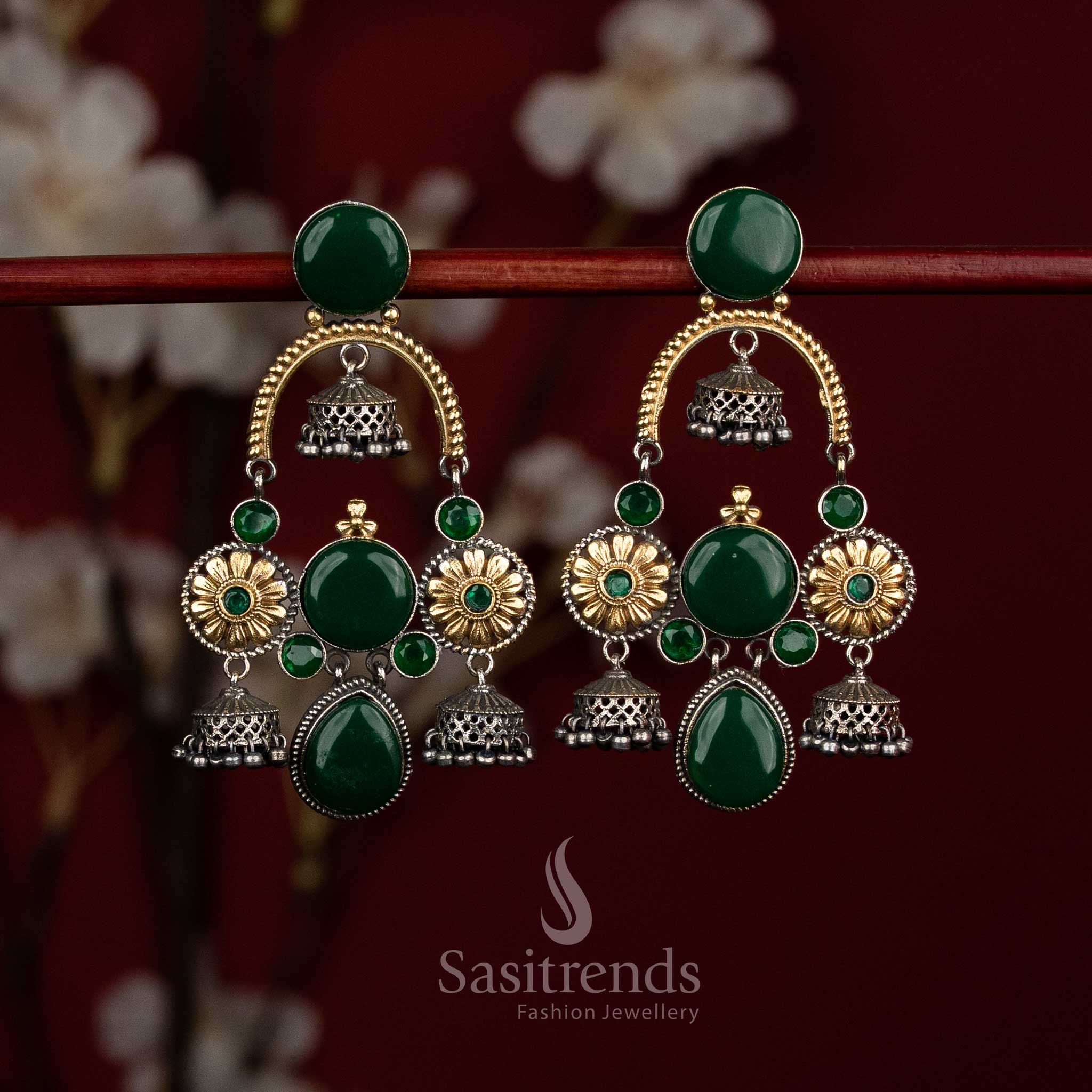 Forest heritage oxidised silver green floral chandelier Monalisa jhumkas with multi dome pearl drops for festive - jewellery - Sasitrends