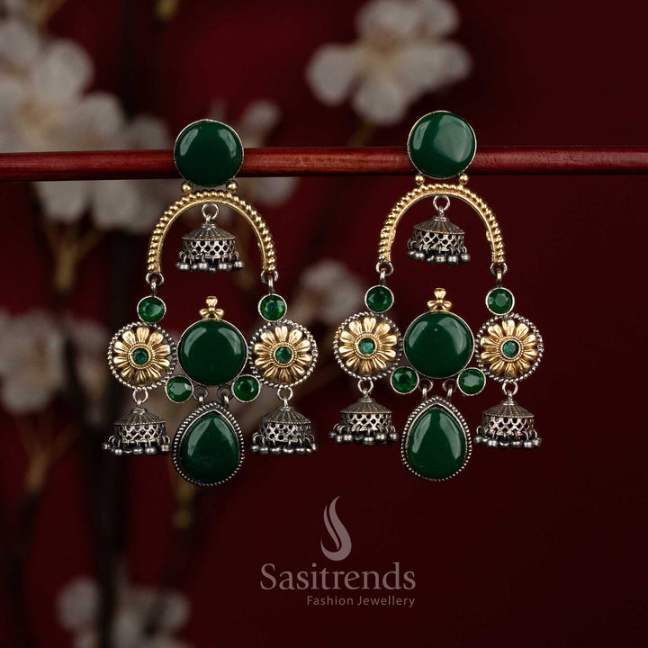 Forest heritage oxidised silver green floral chandelier Monalisa jhumkas with multi dome pearl drops for festive - jewellery - Sasitrends