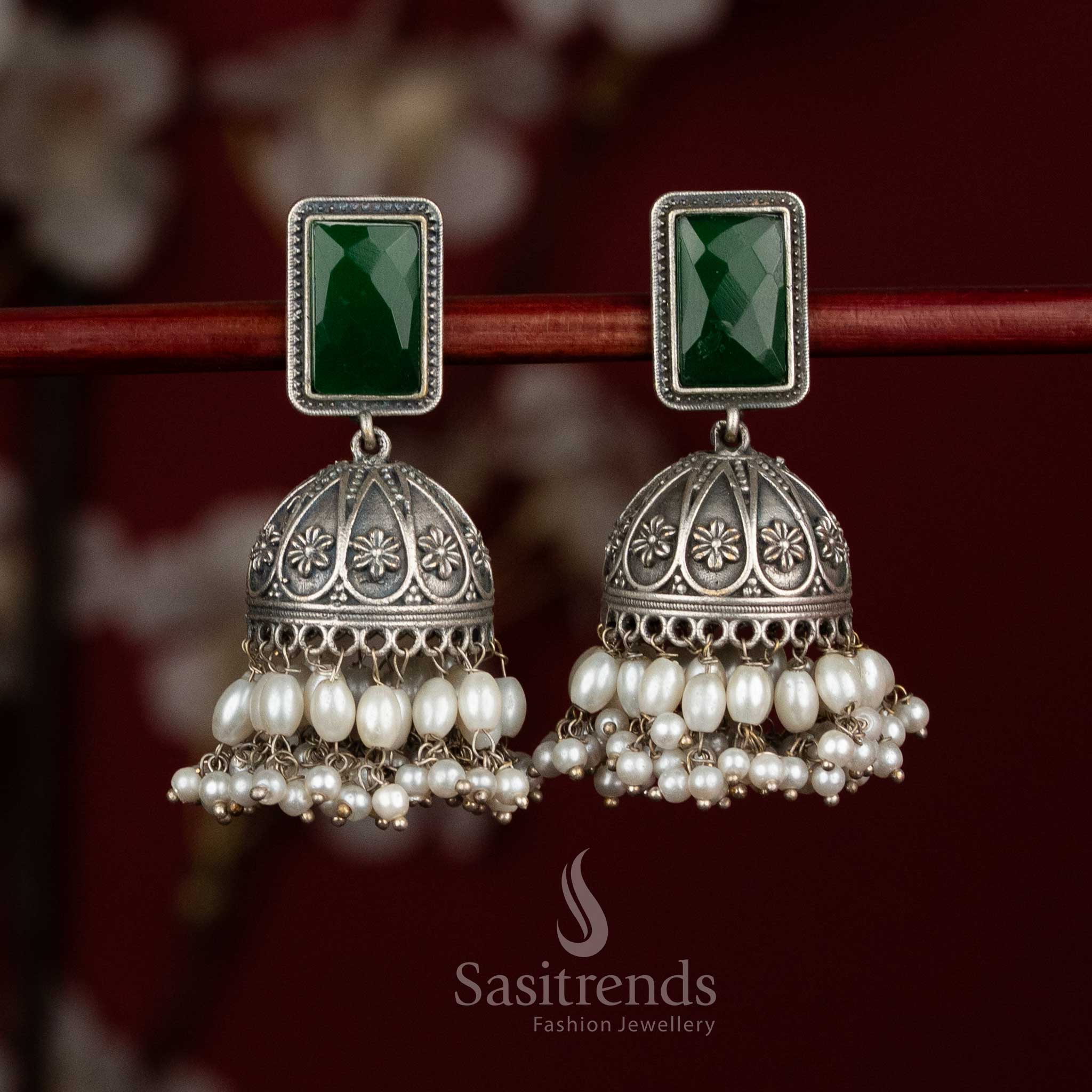 Verdant charm oxidised 92.5 silver rectangular stud floral dome jhumka earrings with monalisa stones and rice pearls for party occasions - jewellery - Sasitrends