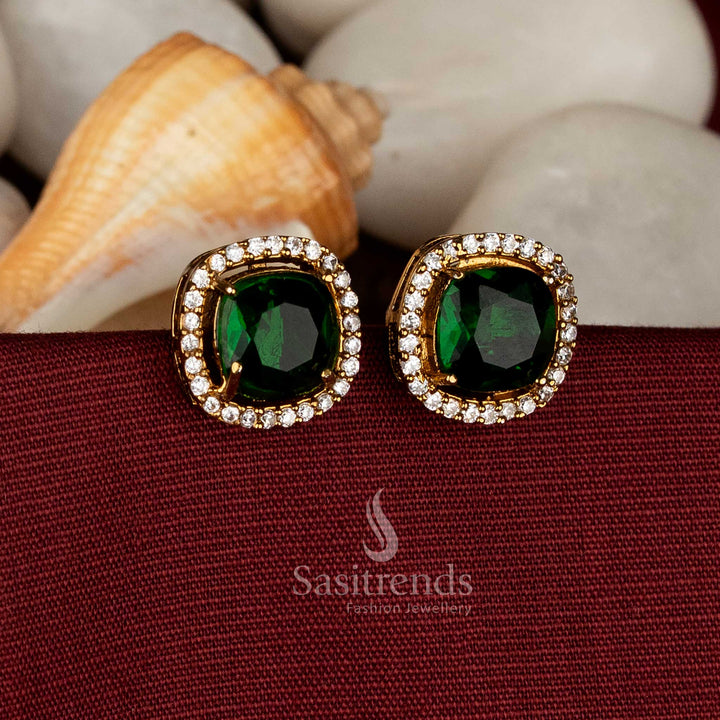 Forest glow Victorian square AD stone stud earrings in green, perfect for weddings and elegant saree styling – Sasitrends