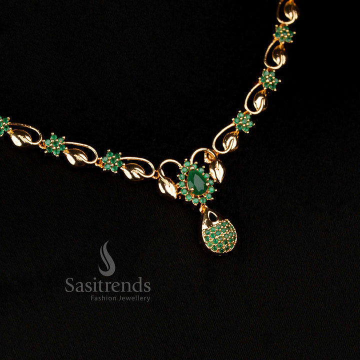Emerald lush micro gold plated American Diamond teardrop pendant necklace with green stones, ideal for traditional temple wear and luxury festive occasions – Sasitrends