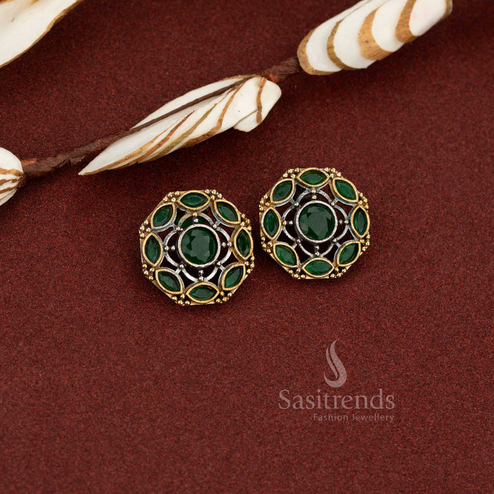 Emerald green antique oxidised round lattice circle stone earrings ideal for trendy day styling and evening casual occasions – Sasitrends