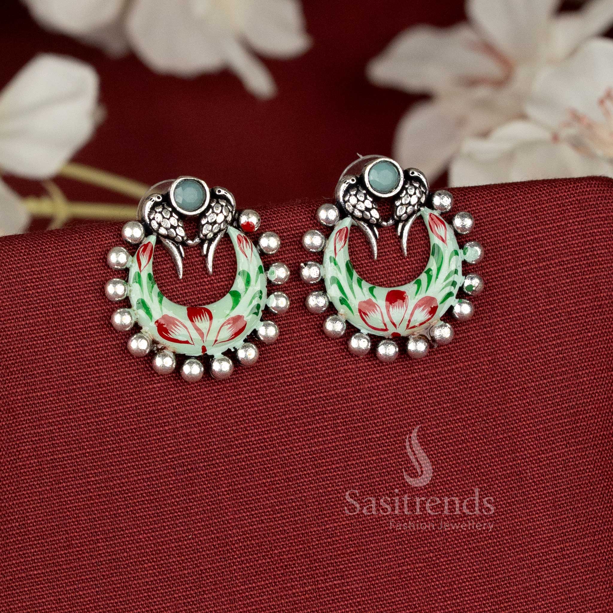 Fresh hand-painted oxidised light green floral cluster earrings featuring expressive brushwork and intricate bloom styling – Sasitrends