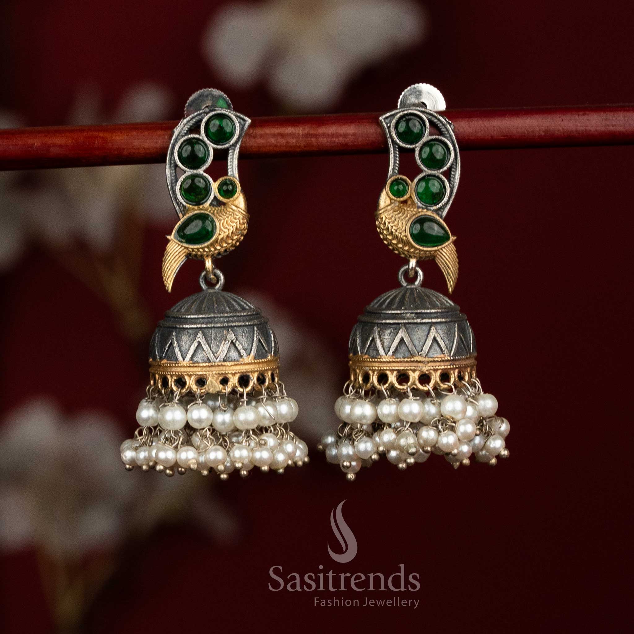 Leafy glow oxidised green silver dual tone peacock Monalisa jhumkas with pearl drop earrings for traditional - jewellery - Sasitrends