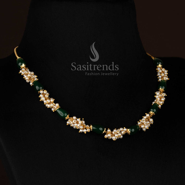 Herbal tone micro gold plated green beads pearl cluster mala necklace suited for traditional jewellery ensembles-Sasitrends