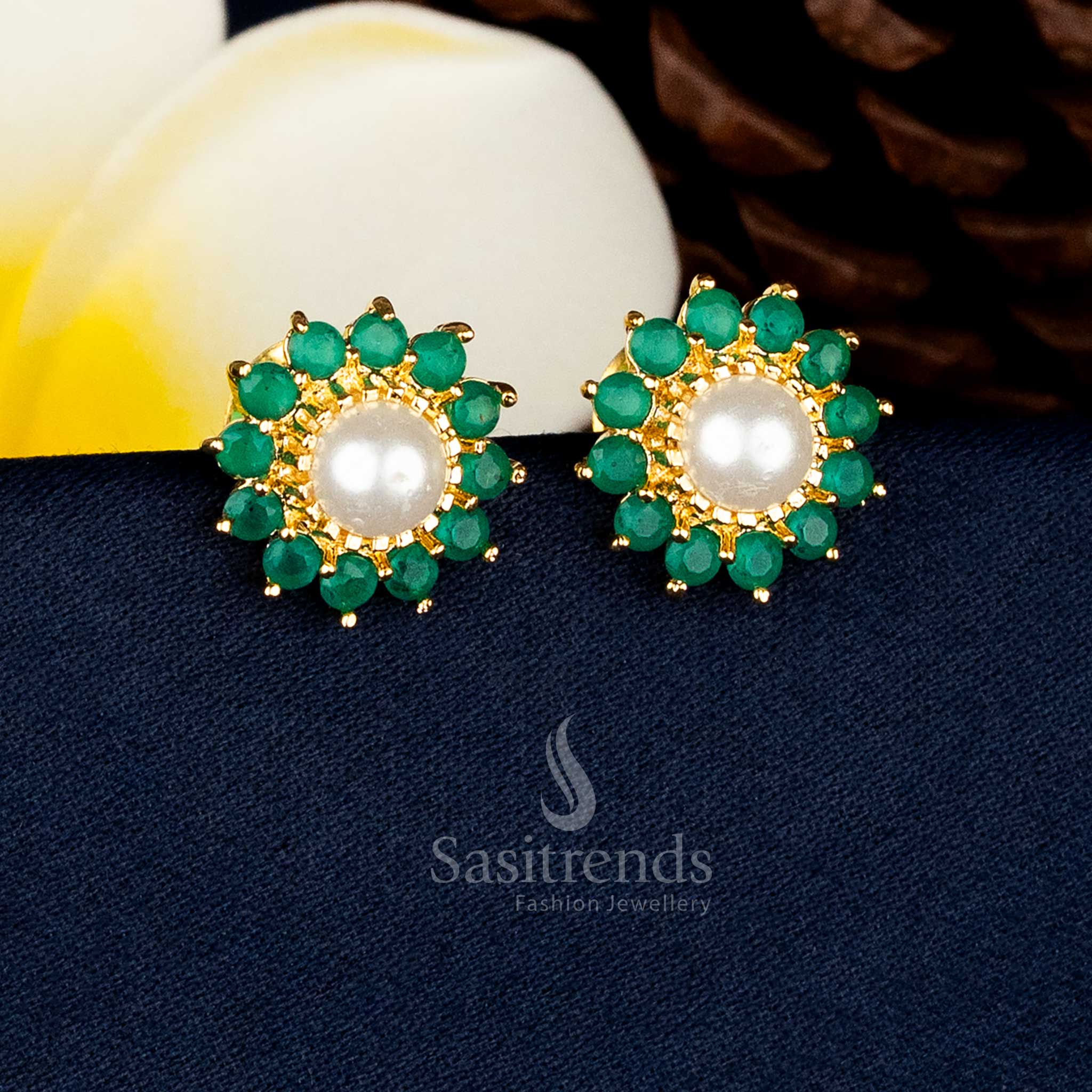 Fresh pearl green micro gold plated round flower AD stone and pearl stud earrings with pearl accents for festive occasions – Sasitrends
