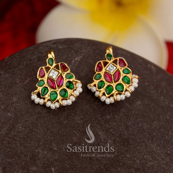 Heritage multi colour kundan jadau bugadi ear cuffs highlighting teardrop leaf crescent stones pearls - Sasitrends