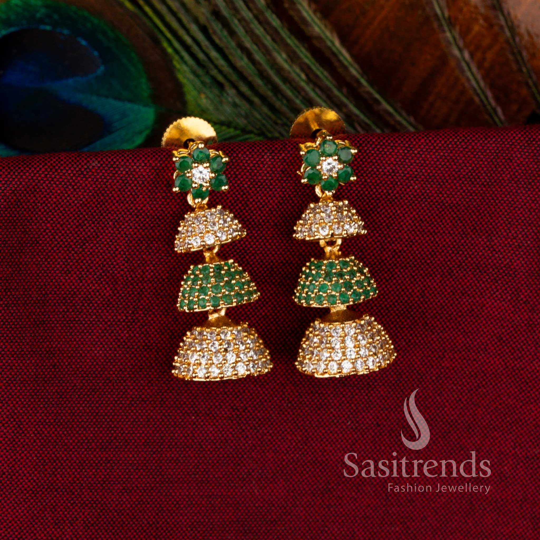 Ornate Gold Plated Brass Triple-Layer Jhumkas with White-Green American Diamond Accents, Perfect Traditional Jewellery for Elegant Celebrations – Sasitrends