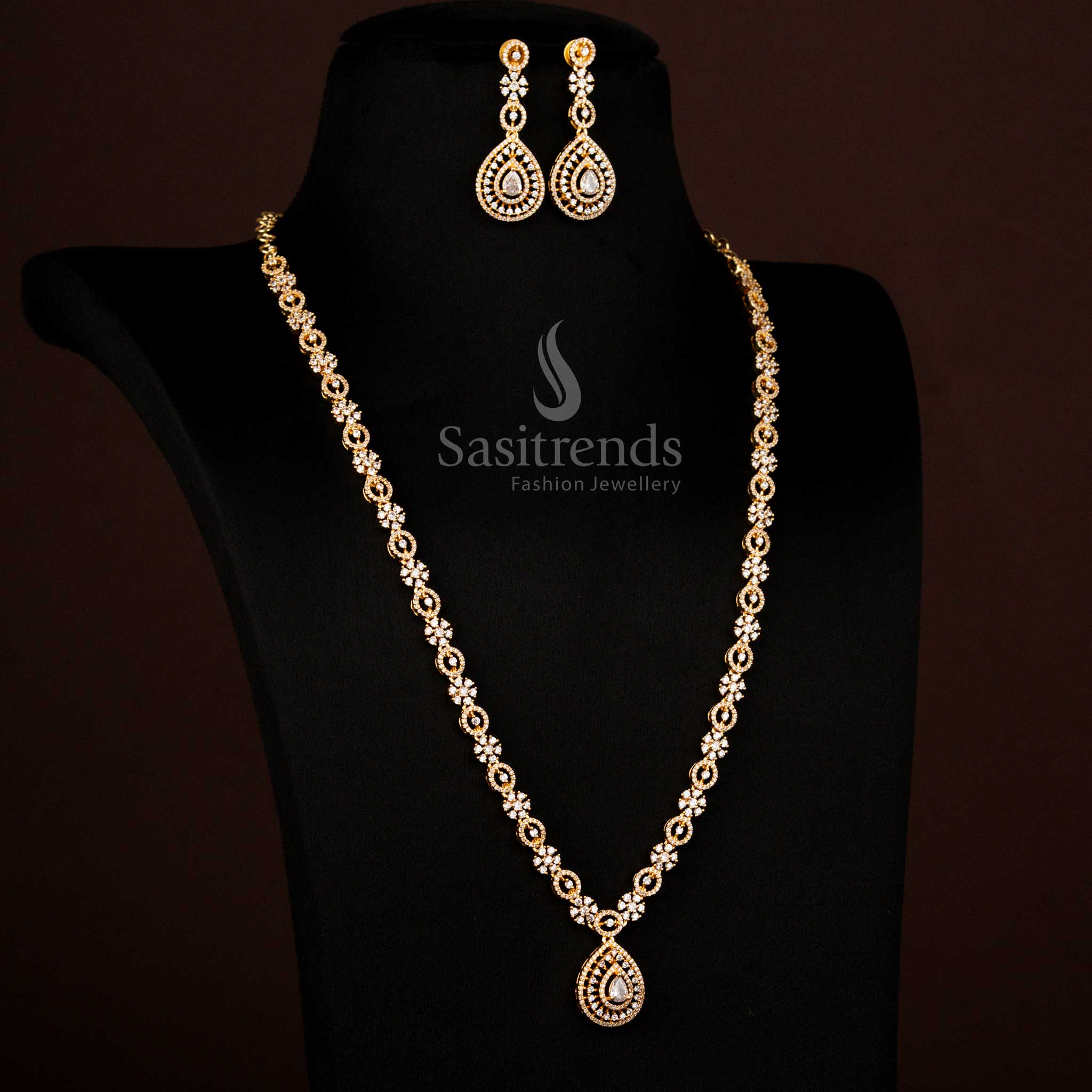 Majestic American Diamond gold plated teardrop long White necklace jewellery set showcasing traditional beauty and bridal charm – Sasitrends