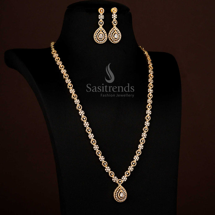 Majestic American Diamond gold plated teardrop long White necklace jewellery set showcasing traditional beauty and bridal charm – Sasitrends