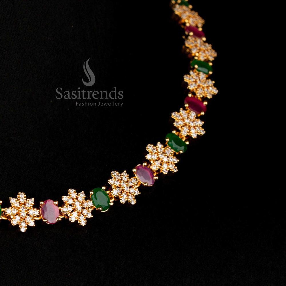 Opulent multi-tone micro gold American Diamond floral necklace featuring colourful oval gems and a classic drop centrepiece for unmatched festive luxury – Sasitrends